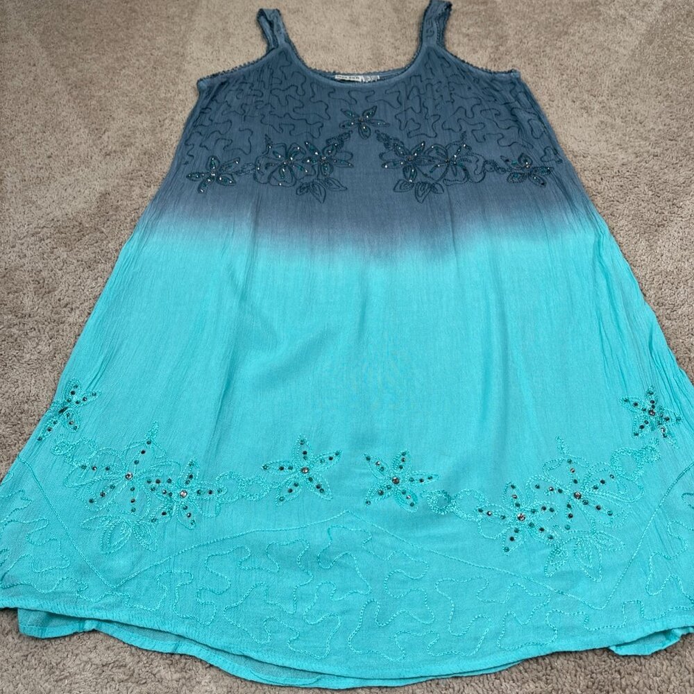 Raya Sun Dress Womens M Blue Ombre Rhinestone Fairy Bohemian Hippie Flowy India - Picture 2 of 11
